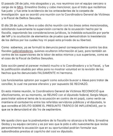 Comunicado de Daniela Parra a Ernestina Godoy.
