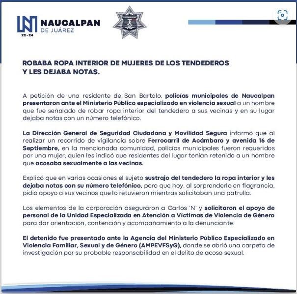 Detienen a Carlos en Naucalpan por robar ropa interior; dejaba su número a cambio
