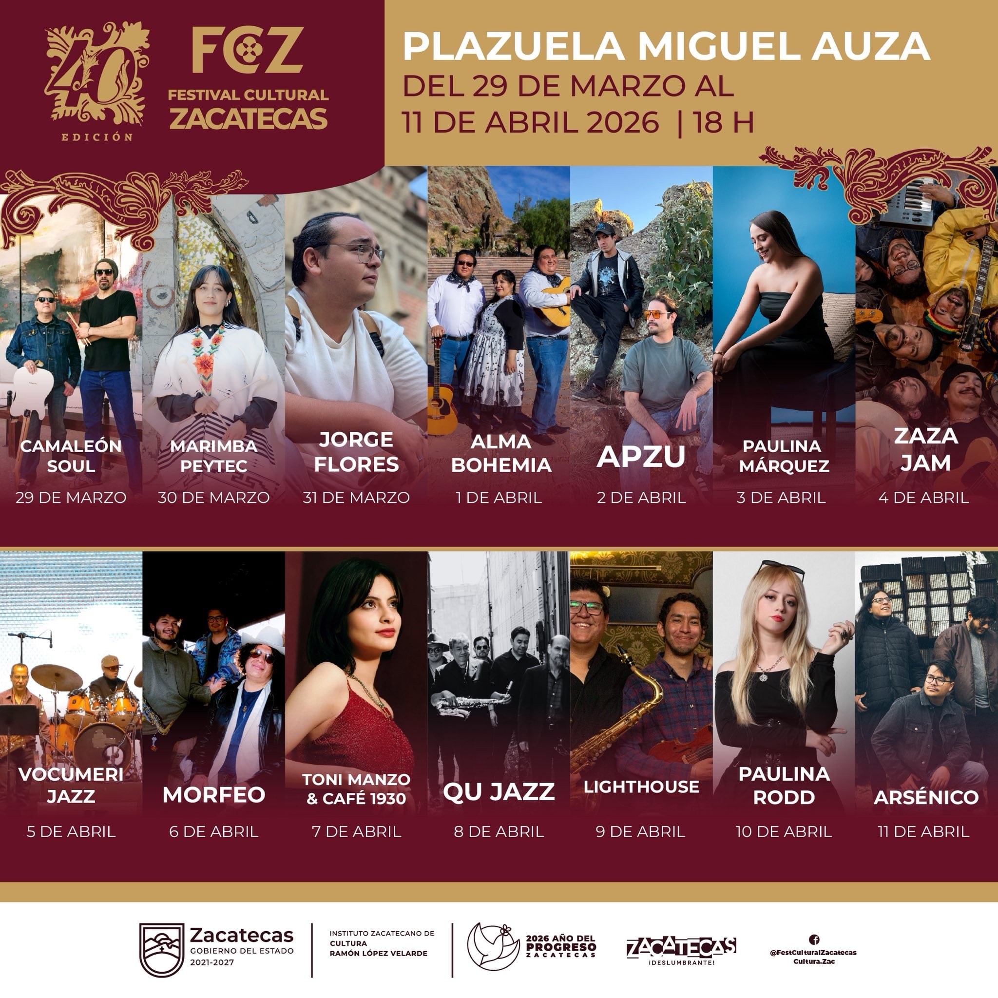 Cartelera del Festival Cultural Zacatecas 2026: artistas, fechas y boletos