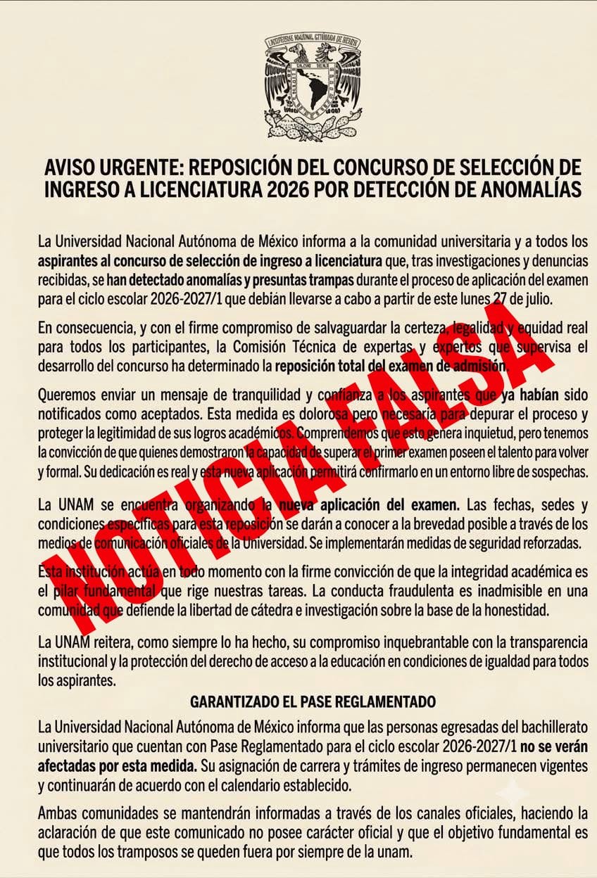UNAM aclara información falsa sobre el proceso de admisión que entró a revisión.