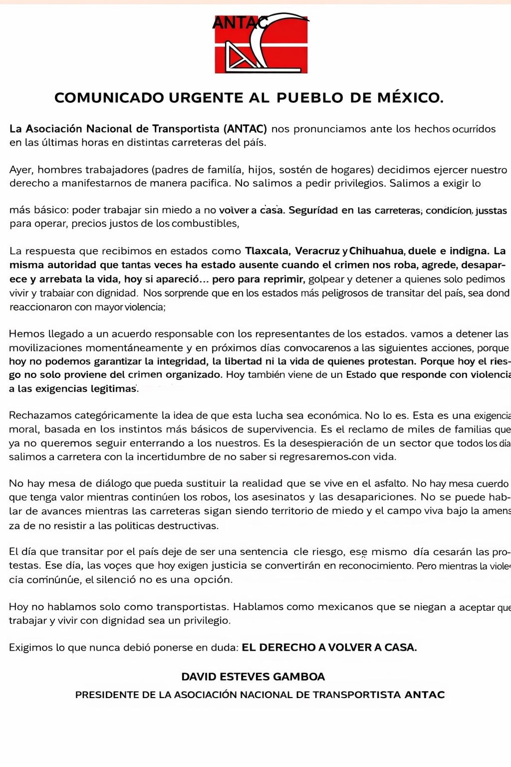 ANTAC suspende movilizaciones tras denuncias de ataques y desapariciones