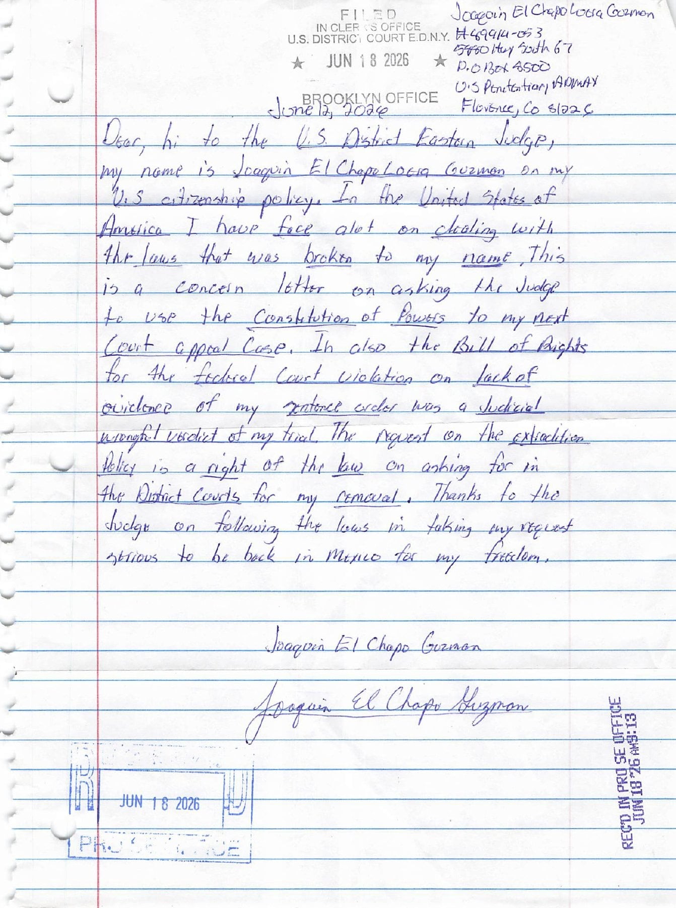 Nueva carta de El Chapo Guzmán