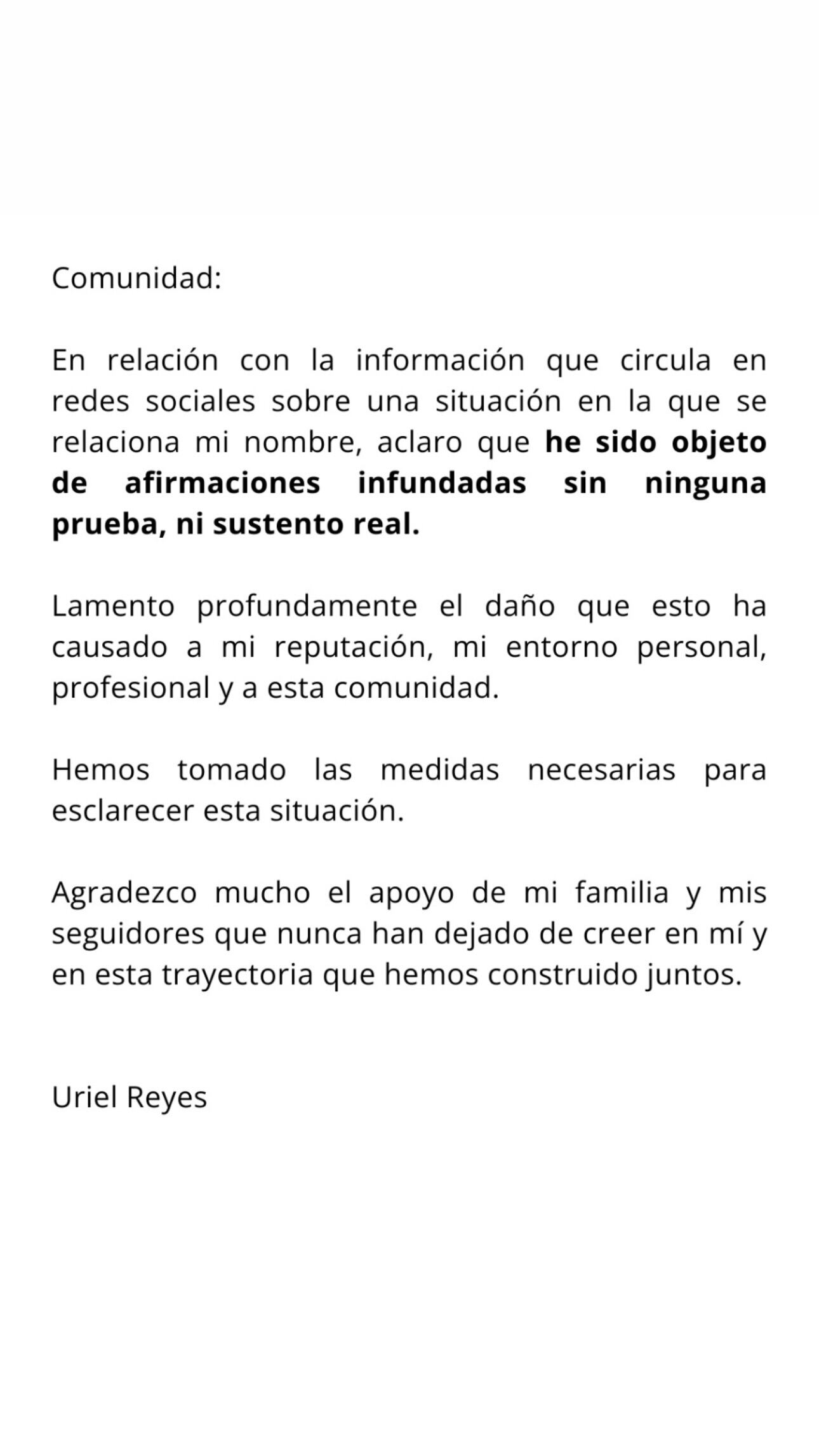 Comunicado de Uriel Reyes sobre la acusación de abuso sexual.
