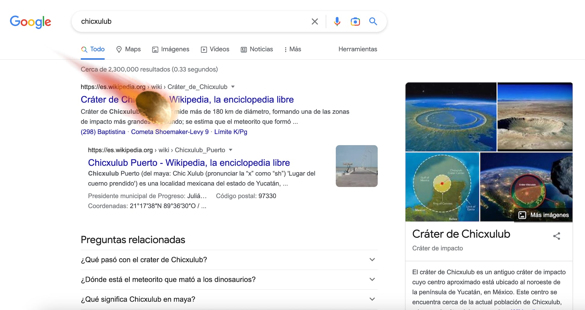 Animación de Google al escribir "chicxulub"