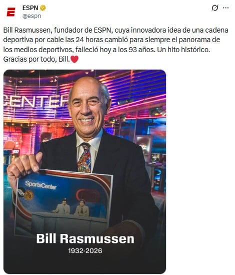 Muere Bill Rasmussen, cofundador de ESPN, a los 93 años