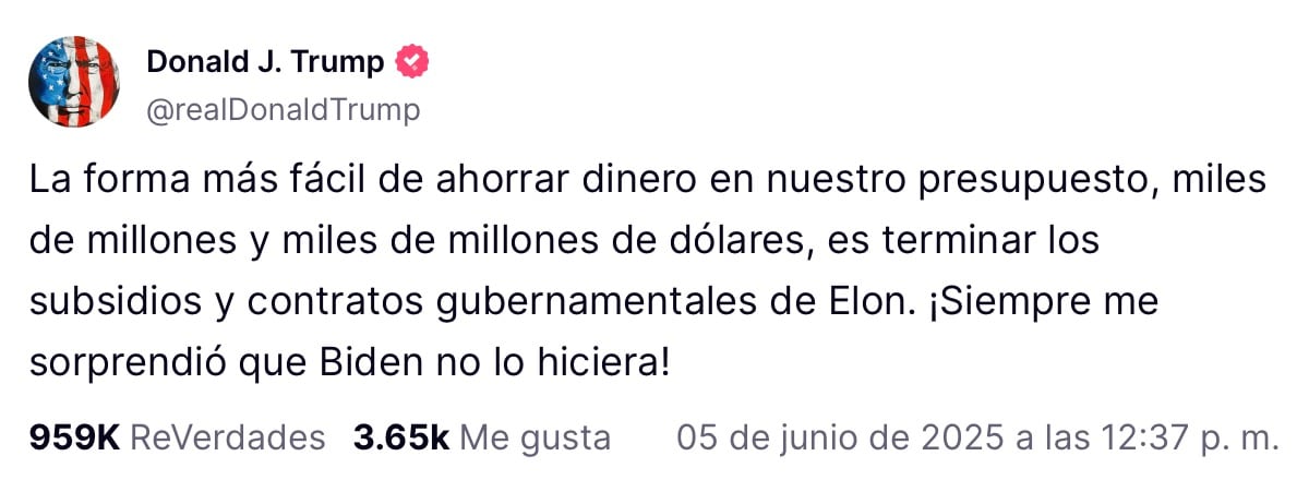 Donald Trump confirma su intención de quitar contratos y subsidios a Elon Musk