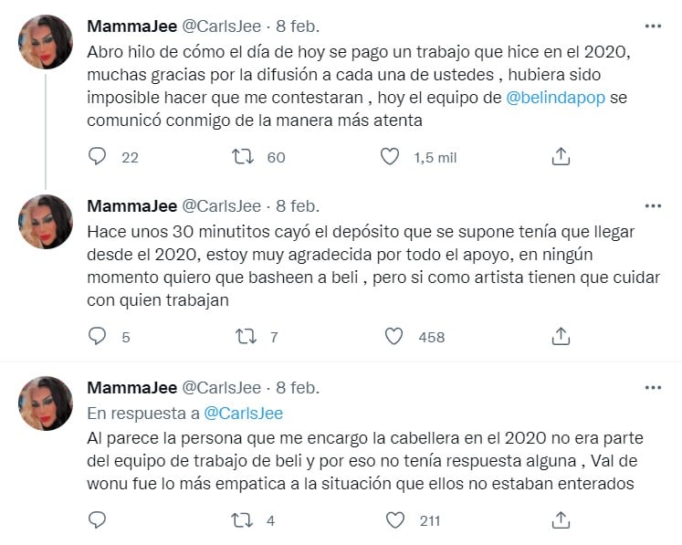 Tuits de Carls Jee sobre deuda de Belinda