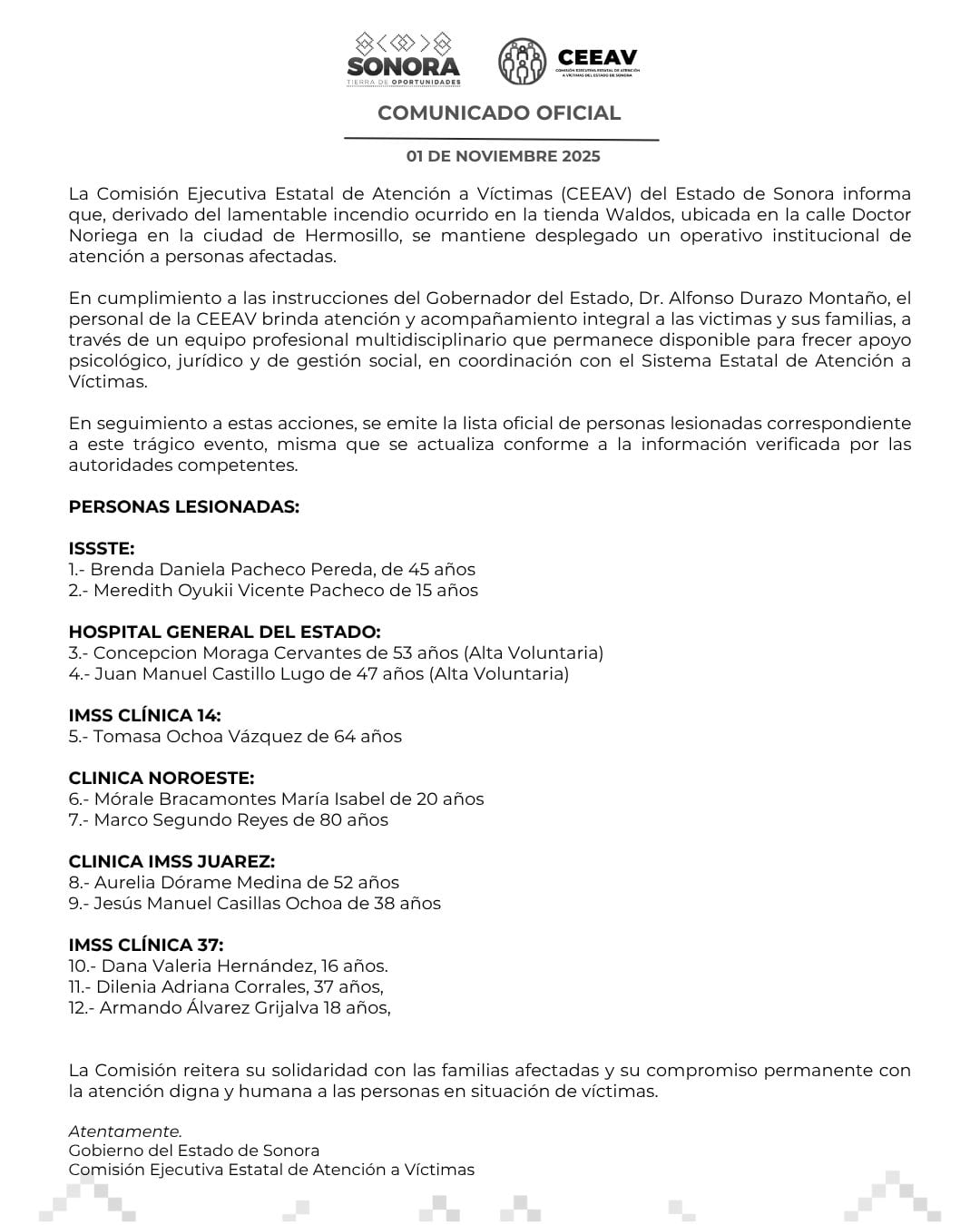 Actualización del número de hospitalizados tras la explosión del Waldos Hermosillo