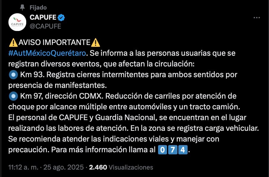 Autopista México-Querétaro hoy 25 de agosto