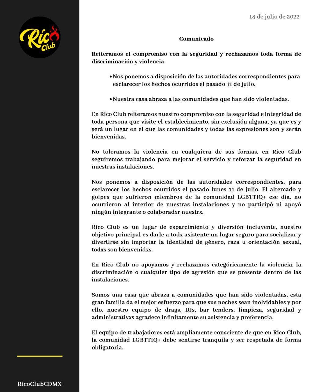 Rico Club se deslinda de ataque homofóbico