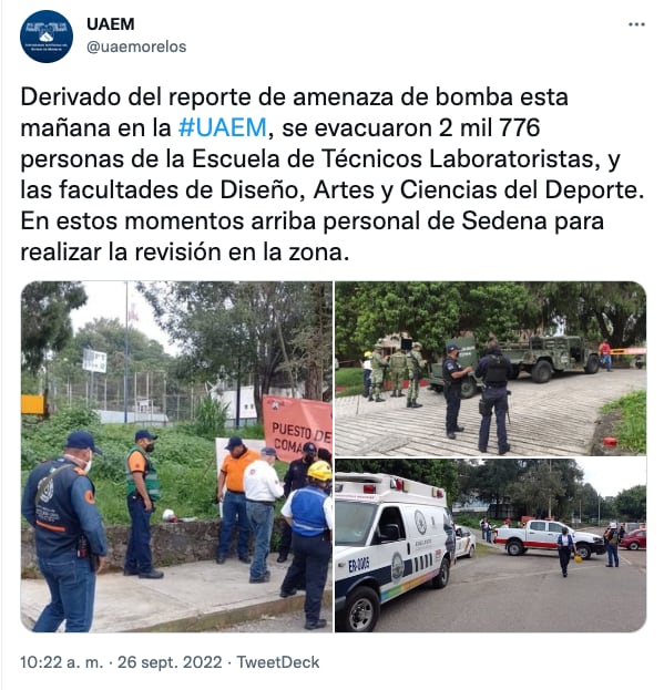 amenaza de bomba en la UAEM de Cuernavaca