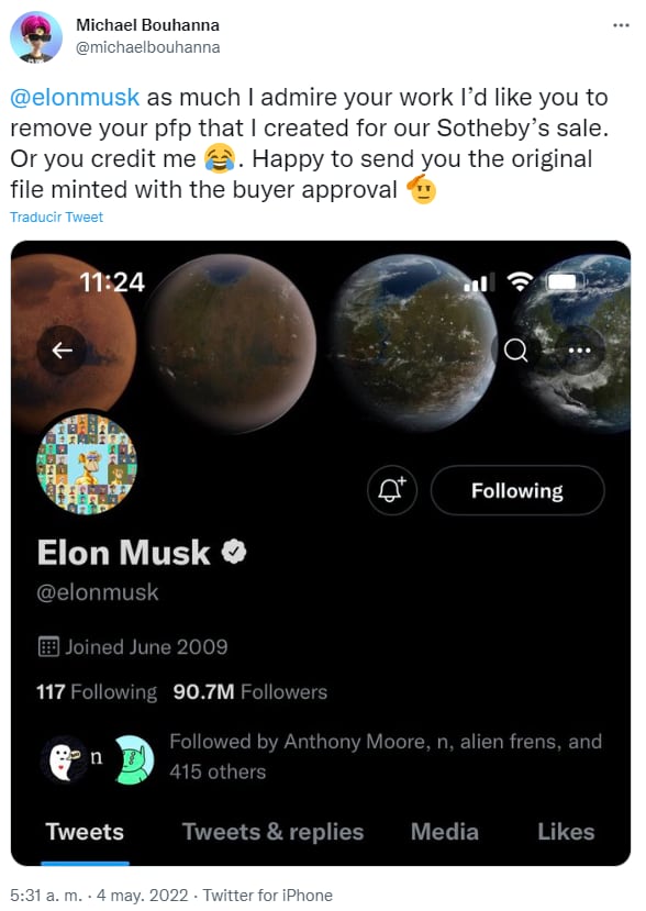 Artista le reclama a Elon Musk por usar en su foto de perfil de Twitter un NFT