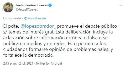 Segundo tuit de Ramírez Cuevas