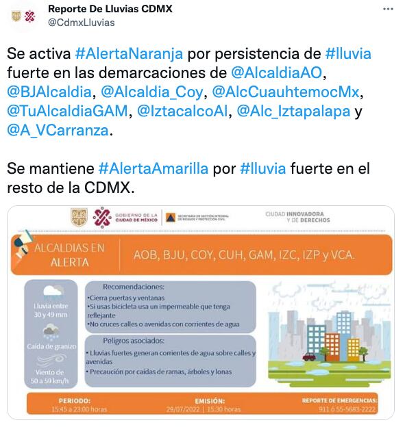 Alerta naranja por lluvias en CDMX