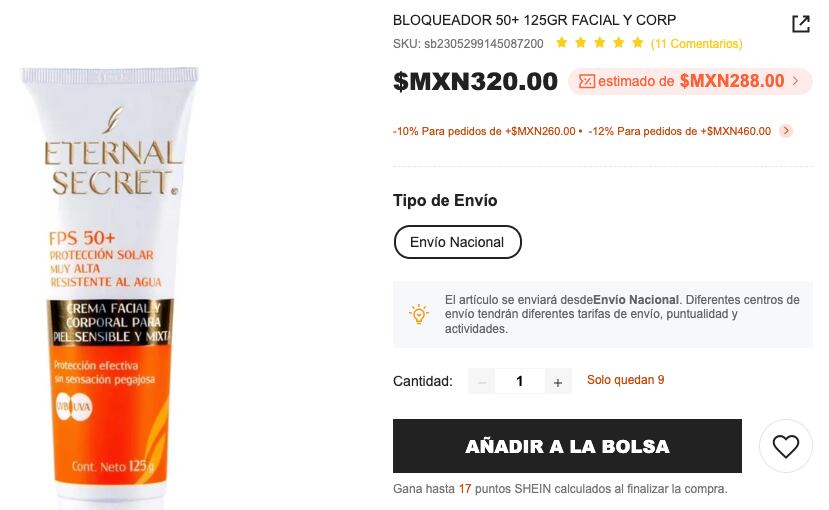 Bloqueador solar Eternal Secret en Shein