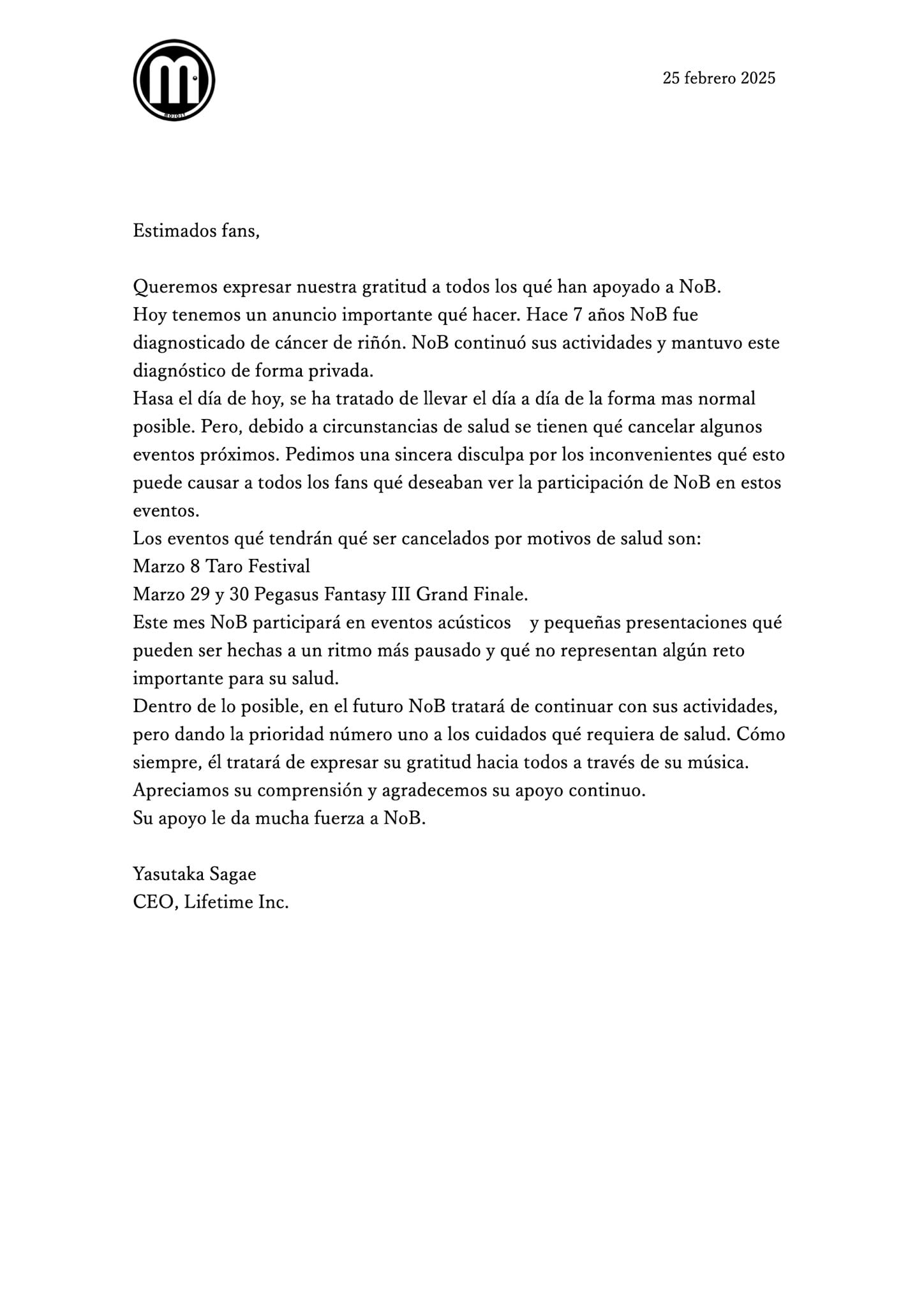 Comunicado sobre el estado de salud de Nobuo Yamada