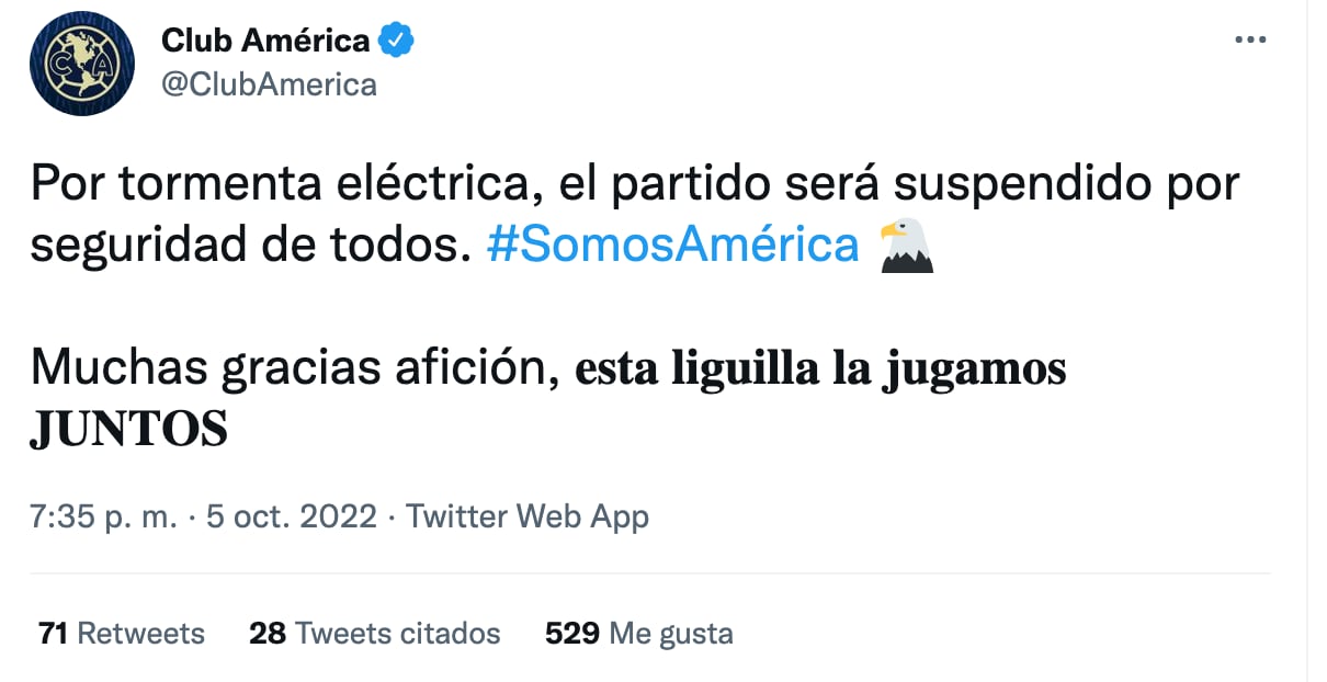 Se canceló partido del Club América por tormenta eléctrica