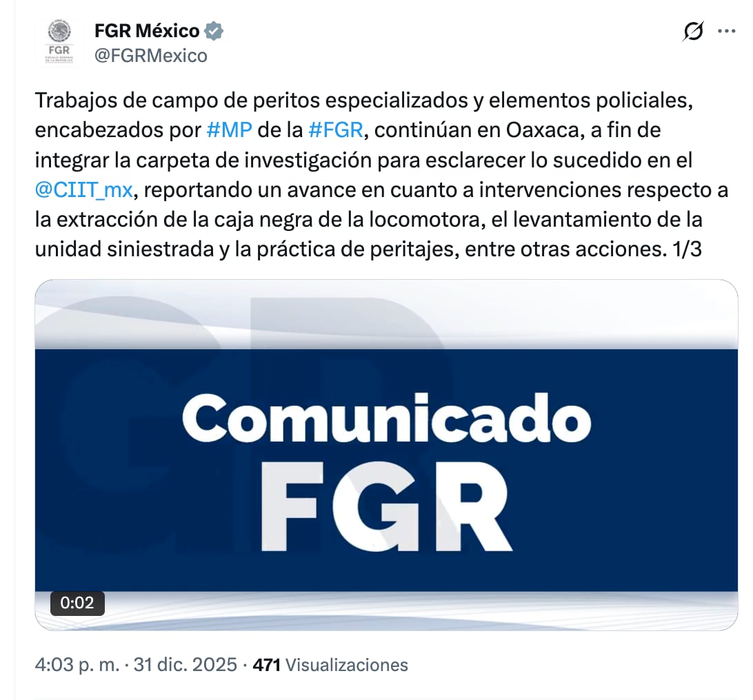 FGR avanza en trabajos para recuperar caja negra del Tren Interoceánico