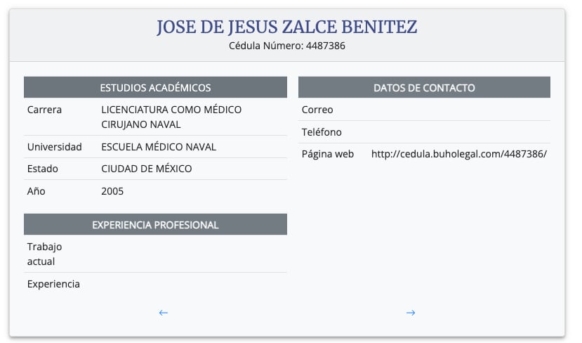 Cédula profesional: Médico Cirujano Naval, José de Jesús Zalce Benítez