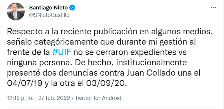 Tuit de Santiago Nieto negando acusaciones de Juan Collado