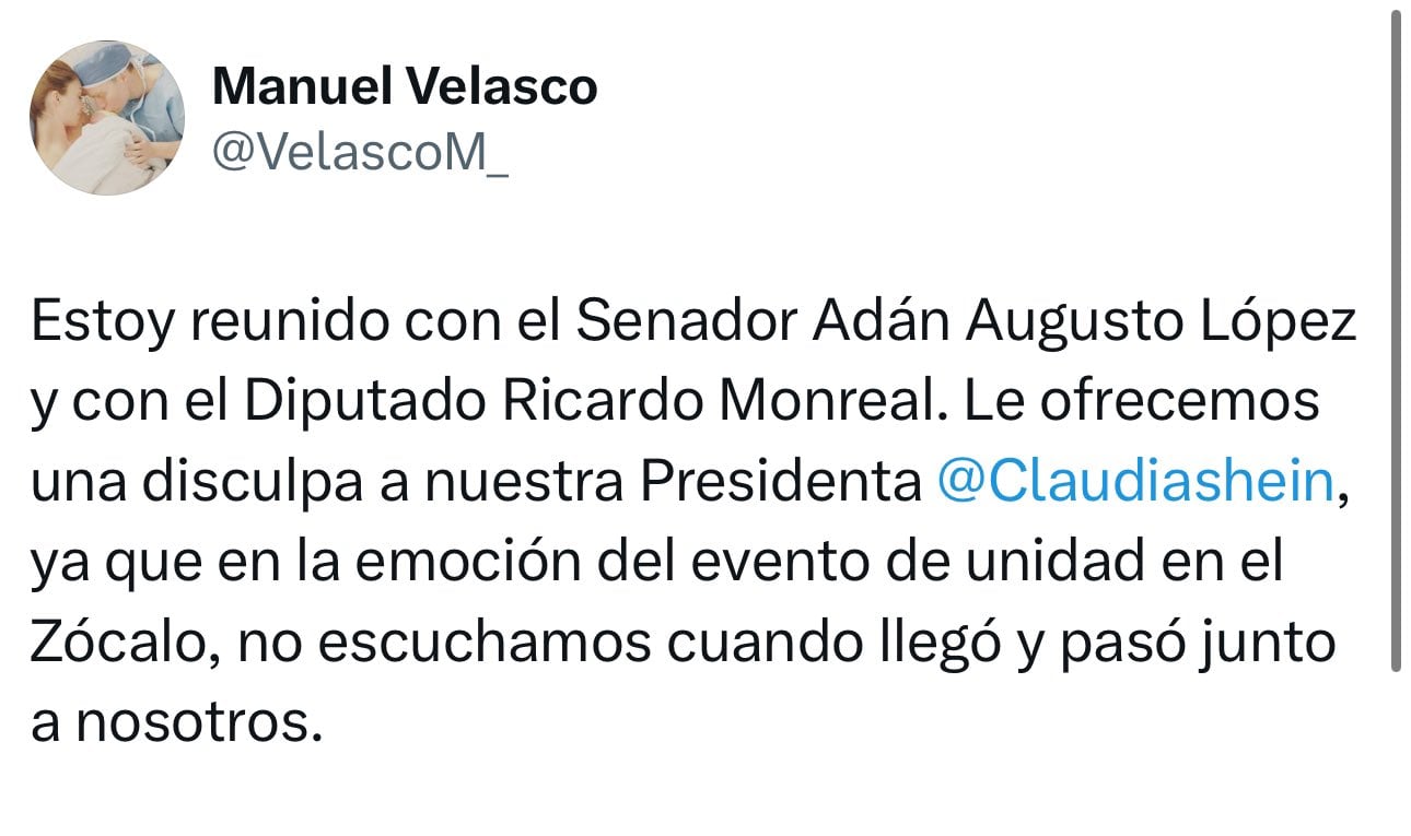 Manuel Velasco y Adán Augusto López piden disculpas a Claudia Sheinbaum por el incómodo momento