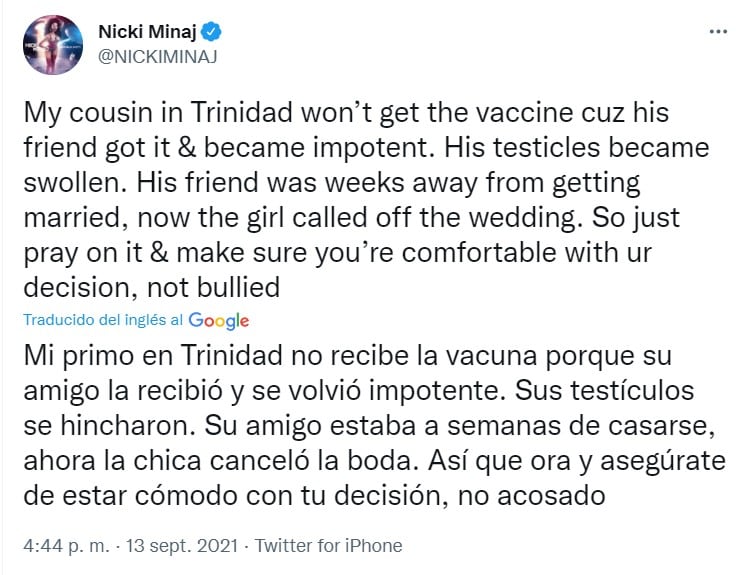 Nicki Minaj afirma que la vacuna anti Covid-19 causa impotencia