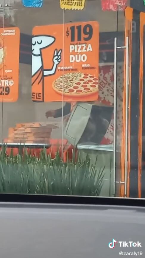 Empleado de Little Caesars sacando cajas de pizza de las basura