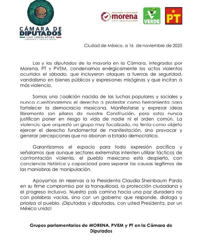 Legisladores de Morena dieron su respaldo a la presidenta Claudia Sheinbaum y aseguraron que México camina hacia una paz duradera