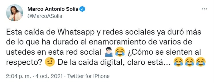 Marco Antonio Solís se burla de la caída de WhatsApp, Facebook e Instagram