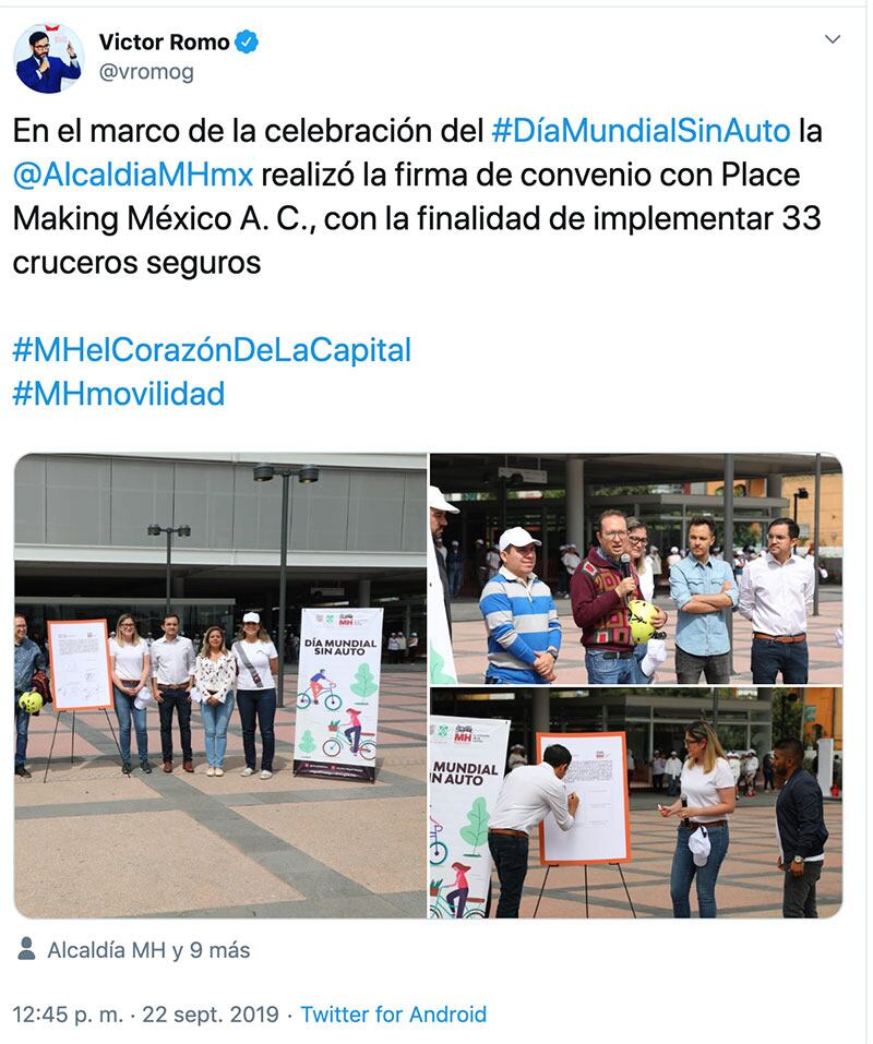 La alcaldía Miguel Hidalgo, cuyo titular es Víctor Hugo Romo de Vivar Guerra, firmó un convenio con la Fundación Placemaking México A.C. para celebrar el Día Mundial sin Auto.