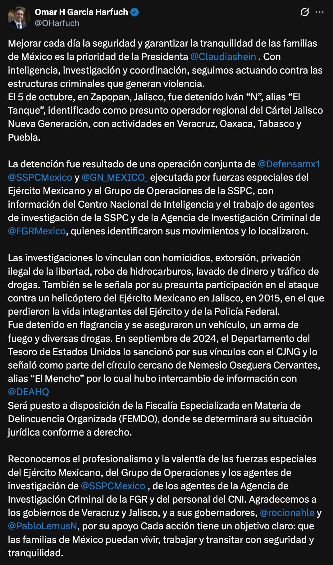 Harfuch confirma detención de El Tanque en Zapopan, operador regional del CJNG