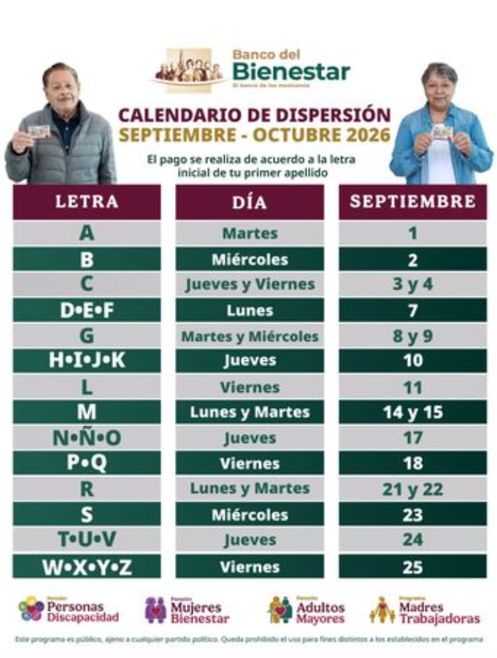 Calendario de pagos Pensión Bienestar 2026: septiembre-octubre