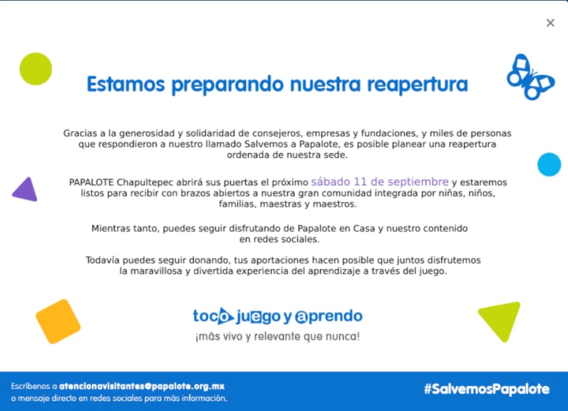 Comunicado de reapertura del 'Papalote Museo del Niño'.
