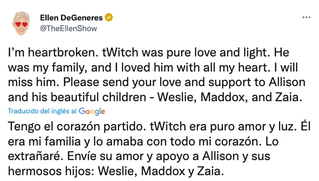 Tuit de Ellen DeGeneres sobre Stephen 'Twitch' Boss