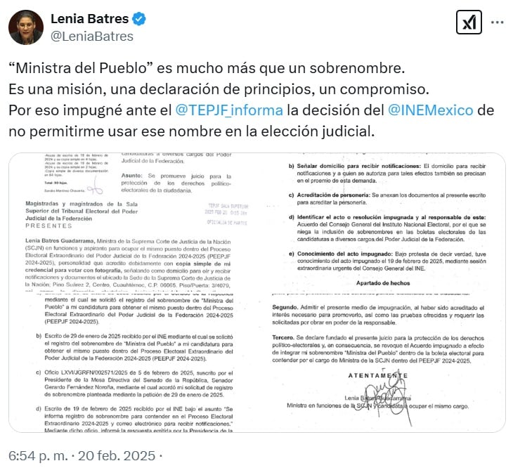 Elecciones 2025 Poder Judicial: Lenia Batres impugna rechazo del INE para aparecer como “Ministra del Pueblo” en la boleta electoral