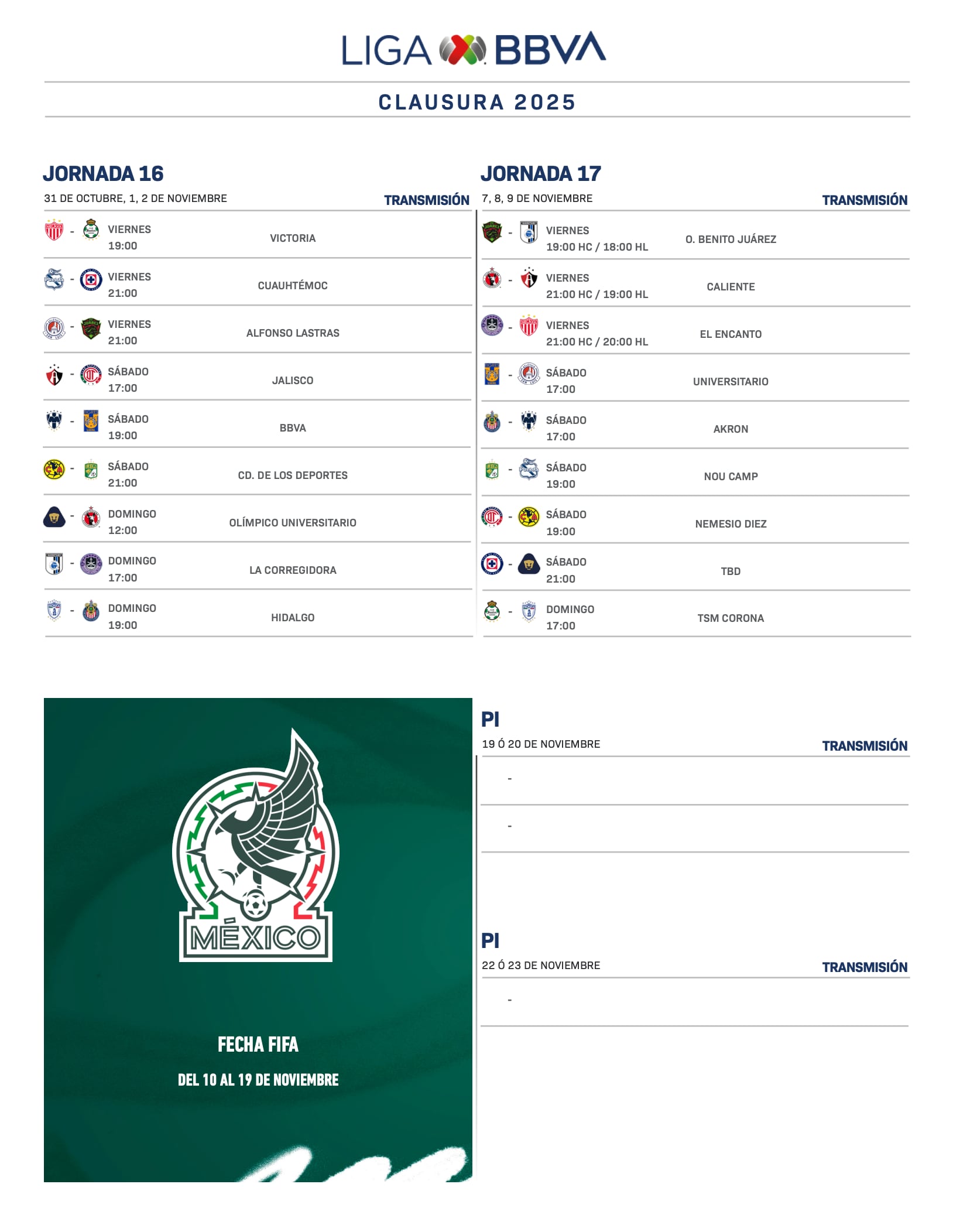 Calendario del Apertura 2025 de la Liga MX.