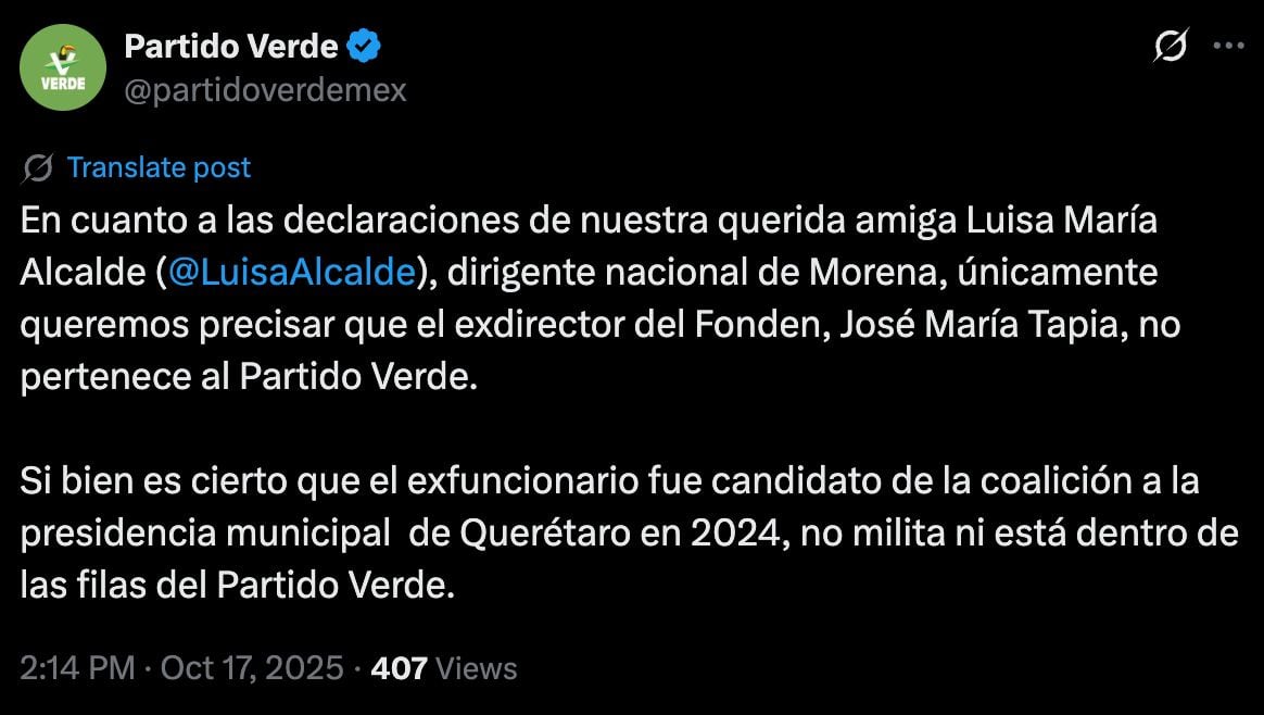 Partido Verde se deslinda de José María Tapia.