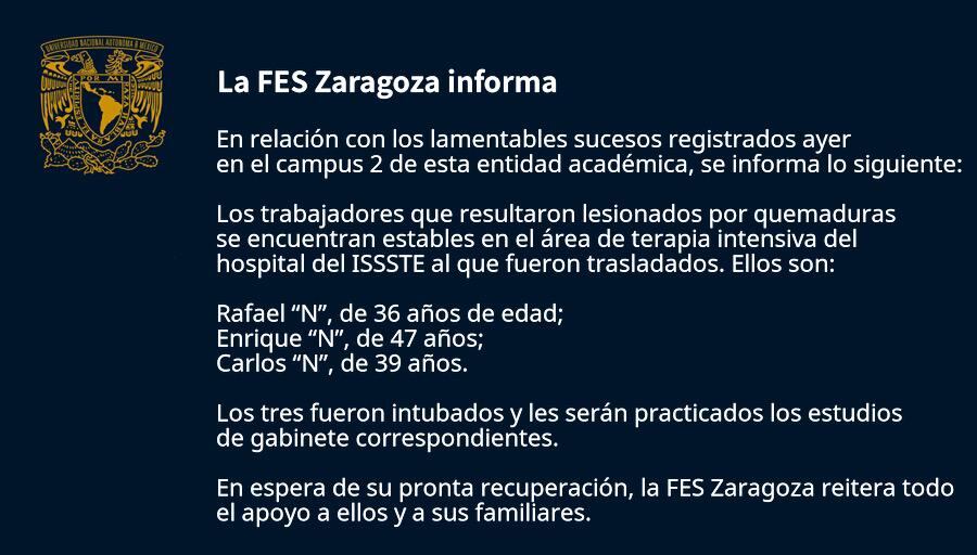 Boletín sobre la explosión en FES Zaragoza