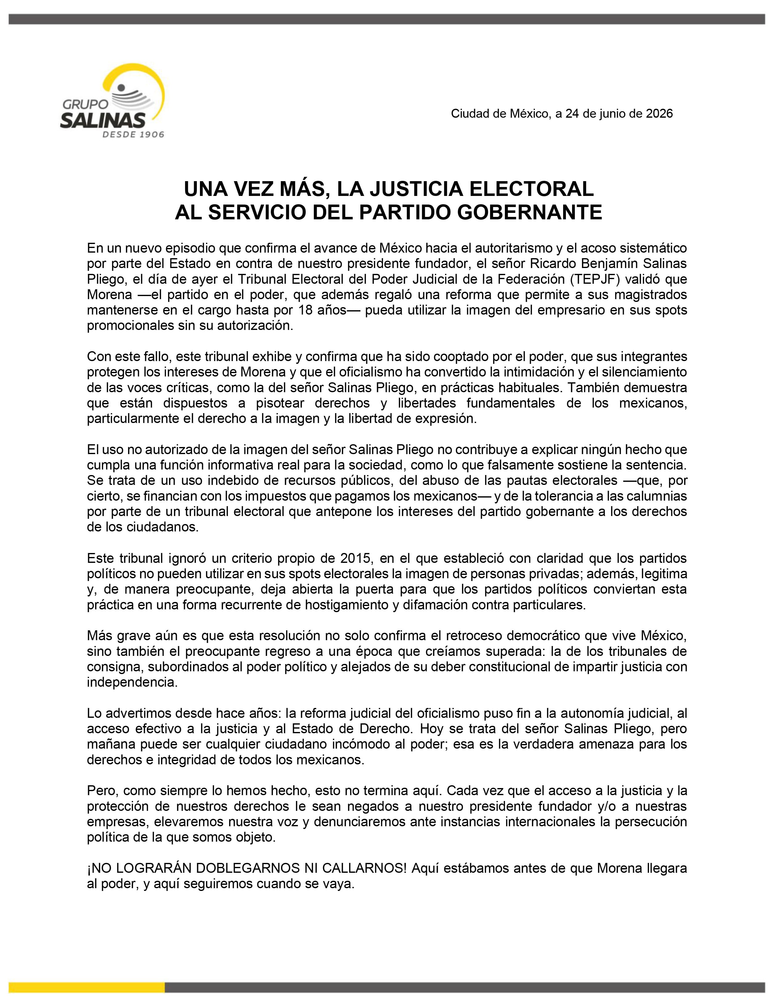 Grupo Salinas responde a fallo del TEPJF