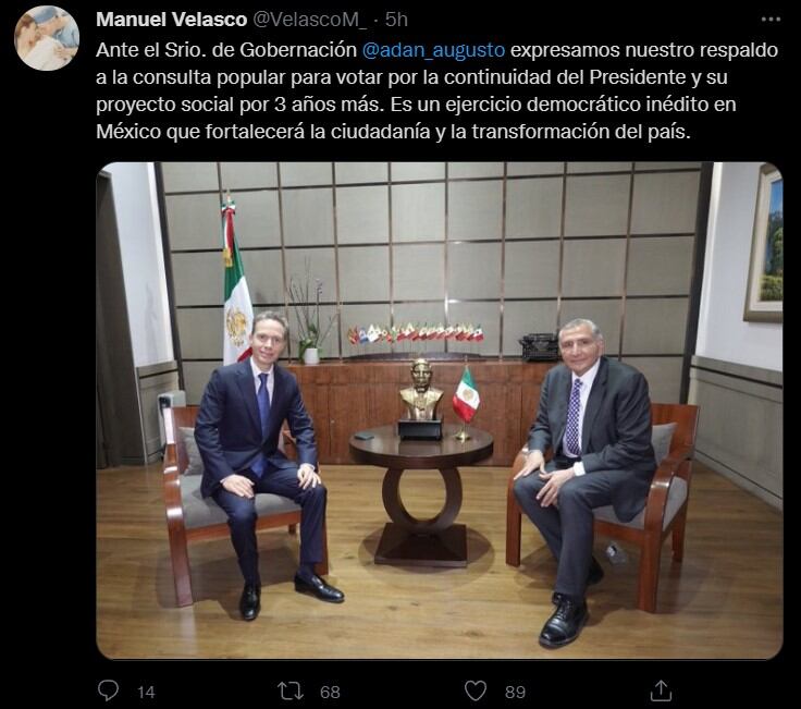 Manuel Velasco, coordinador del Partido Verde y Adan Augusto López, líder de la Segob