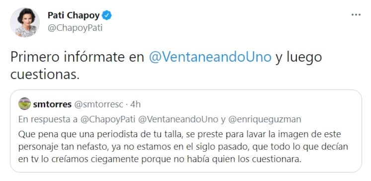 Pati Chapoy responde a usuario