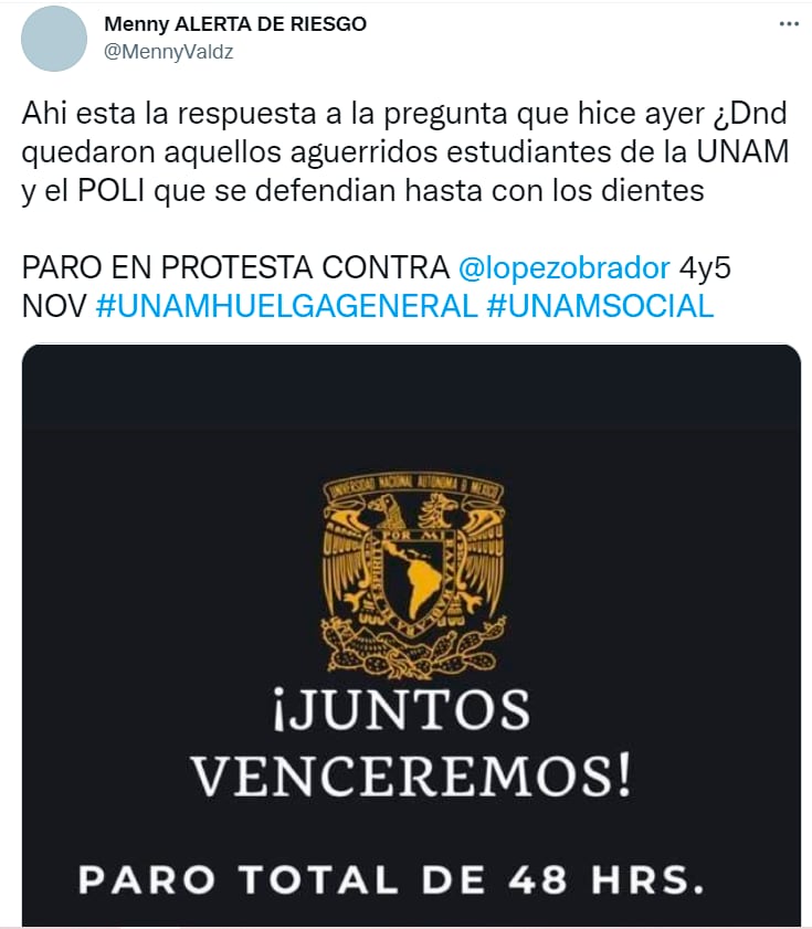 Convocan a paro en la UNAM/Twitter