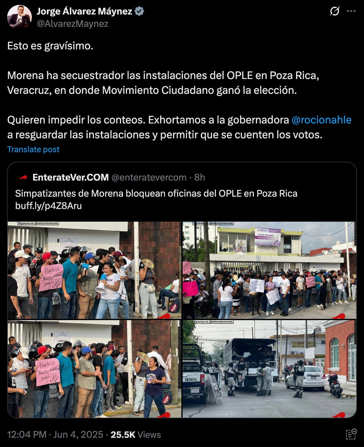 Jorge Álvarez Máynez denuncia secuestro de OPLE en Poza Rica, Veracruz.