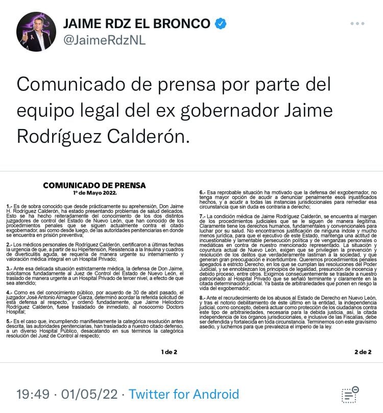 Comunicado de la defensa de "el Bronco"