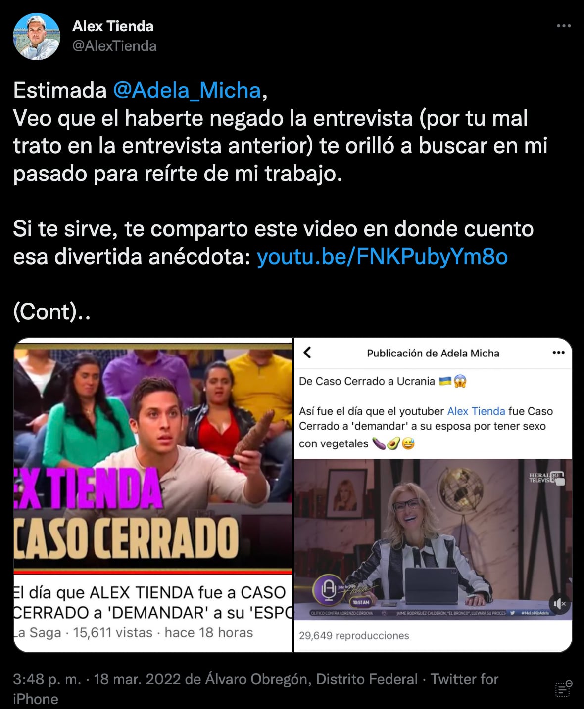 Alex Tienda arremete contra Adela Micha en Twitter