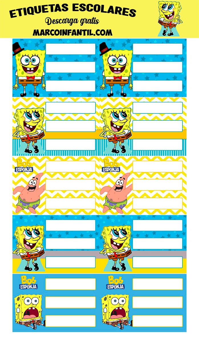 Etiquetas escolares para imprimir de Bob Esponja: 5 bonitas plantillas para regreso a clases 2024