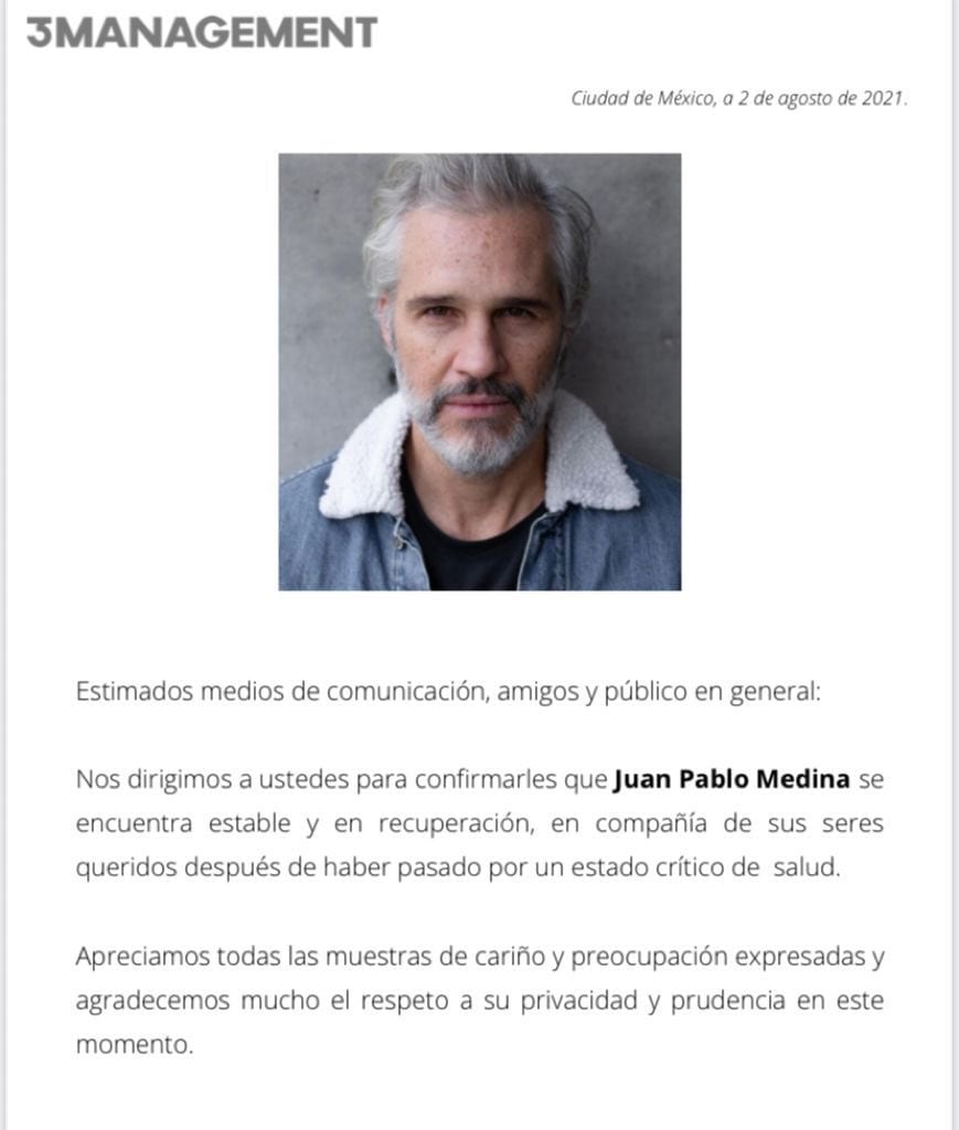 Juan Pablo Medina: comunicado sobre su salud