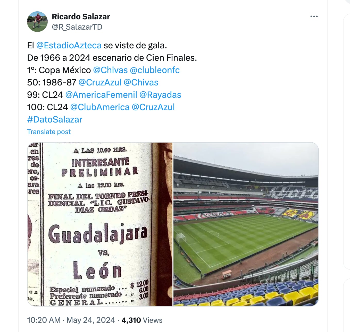 Dato de Ricardo Salazar sobre las finales en el Estadio Azteca.