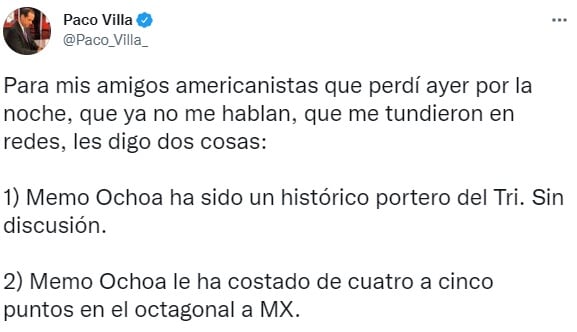 Paco Villa sobre Guillermo Ochoa