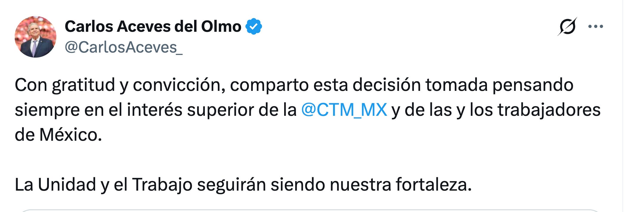 Carlos Aceves del Olmo deja la secretaría general del CTM